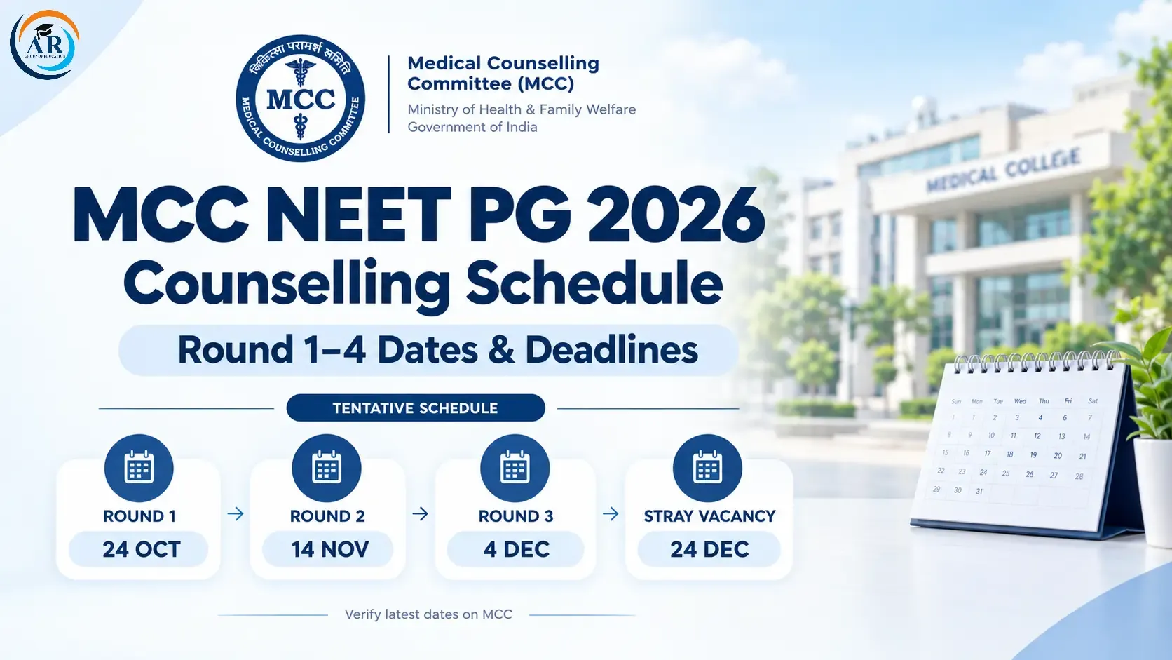 MCC NEET PG 2026 Counselling Schedule: Round 1–4 Dates & Deadlines